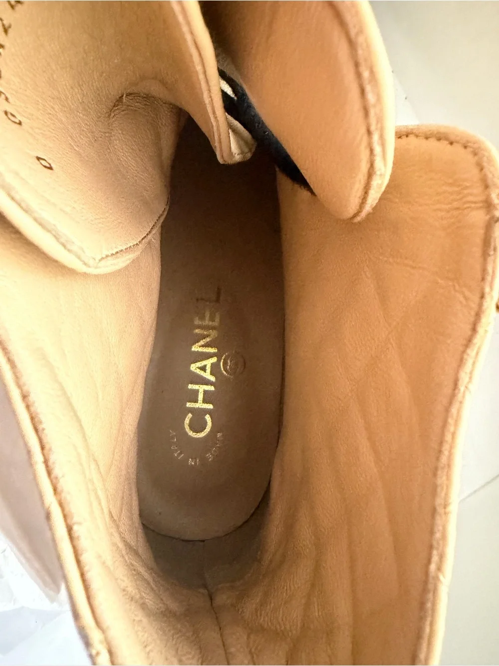 CHANEL Beige Quilted Lace-Up Ankle Boots with Black Cap Toe
